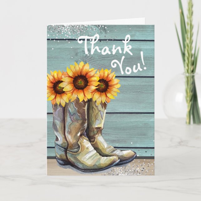 Photo Thank You Rustic Country Sunflower Boots Card (Front)