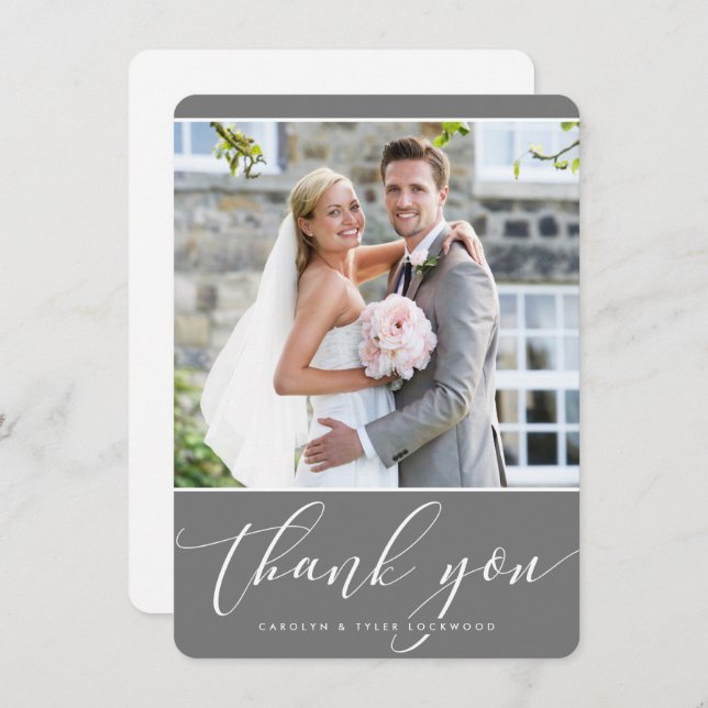 PHOTO THANK YOU wedding  pretty calligraphy grey (Front/Back)