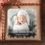 Photo Thankful Grateful Blessed Gold Snowflake Square Sticker<br><div class="desc">“Thankful, grateful, blessed.” A playful visual of champagne gold glitter snowflakes, white handwritten typography and confetti dots against the photo of your choice, helps you usher in Thanksgiving, Christmas and New Year. Feel the warmth and joy of the holiday season whenever you use this stylish and modern custom sticker. Matching...</div>