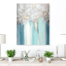Art abstrait pailleté sarcelle et argent