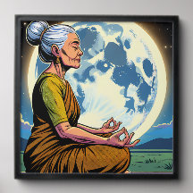 Une femme âgée méditant sous la lune