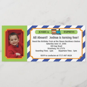 Photo Train Ticket - Blue Stripes Invitation