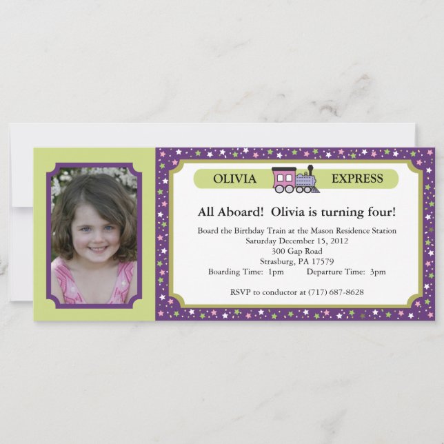 Photo Train Ticket - Purple & Green Invitation (Front)