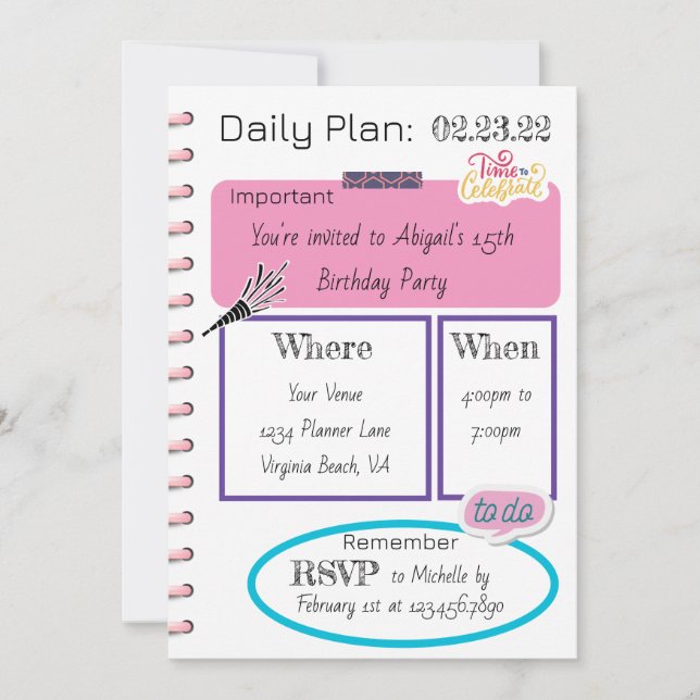 Photo Trendy Daily Planner Modern Chic Birthday Invitation (Front)