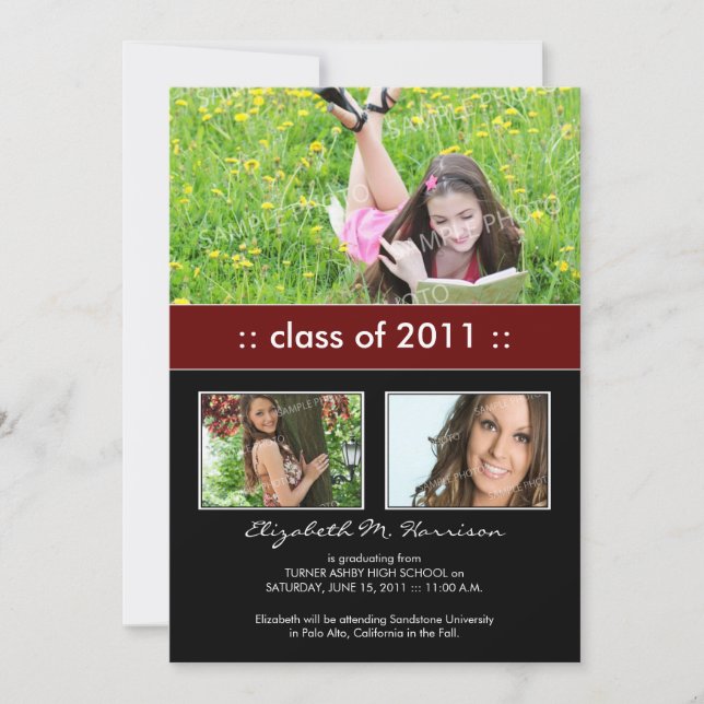 Photo Trio Custom Graduation Announcement (maroon) (Front)