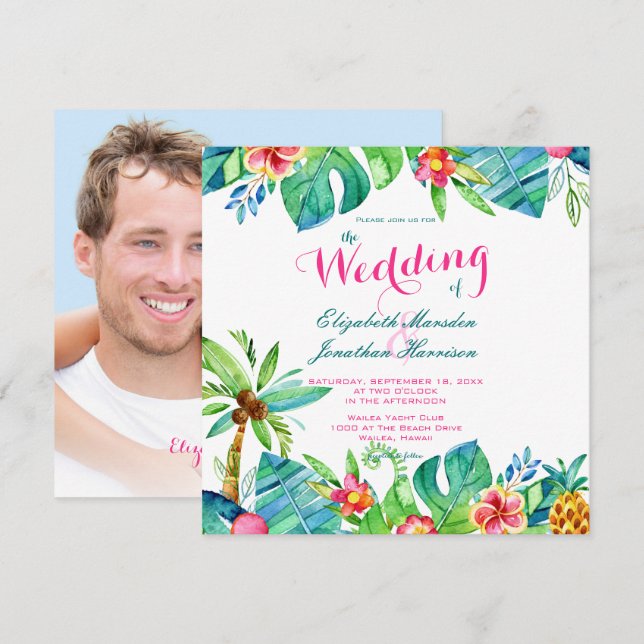 Photo Tropical Beach Wedding Pink Teal Floral Invitation (Front/Back)