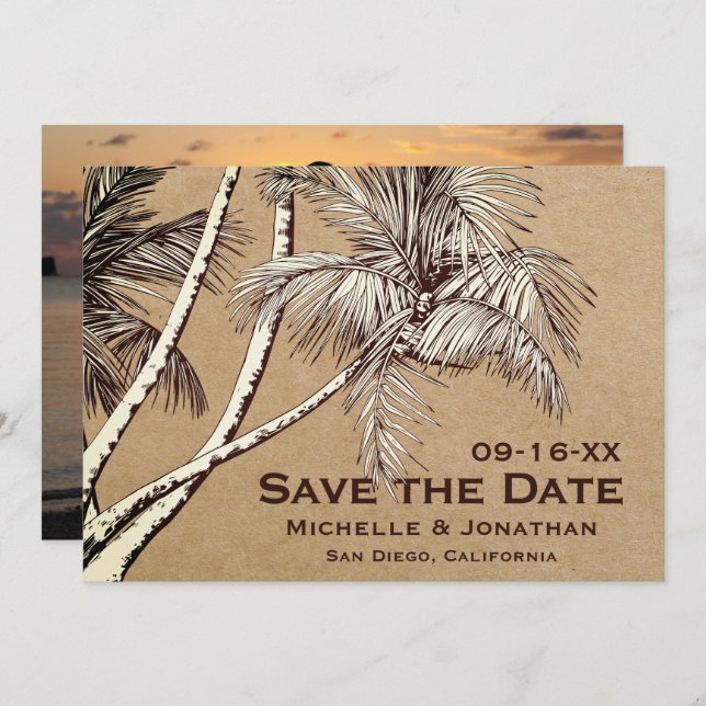 PHOTO Tropical Palm Tree Beach Wedding Save The Date (Front/Back)