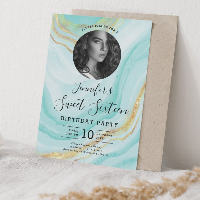PHOTO Turquoise Marble Glitter Sweet 16 Party Invitation (PHOTO Turquoise Marble Glitter Sweet 16 Party Invitation)