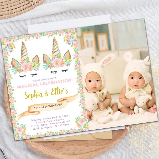 Photo Twin Floral Unicorn Birthday Invitations  (Photo Twin Floral Unicorn Birthday Invitations)