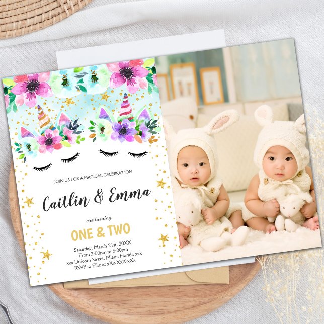 Photo Twin Green Floral Unicorn Invitations (Photo Twin Green Floral Unicorn Invitations)