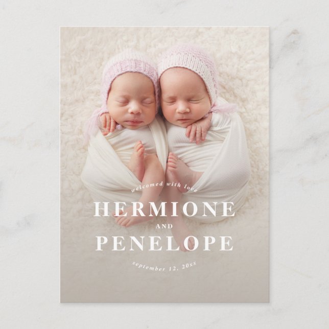 Photo twin modern typographic birth holiday postcard (Front)