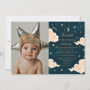 photo Twinkle Little Stars Cute Moon 1st Birthday Invitation