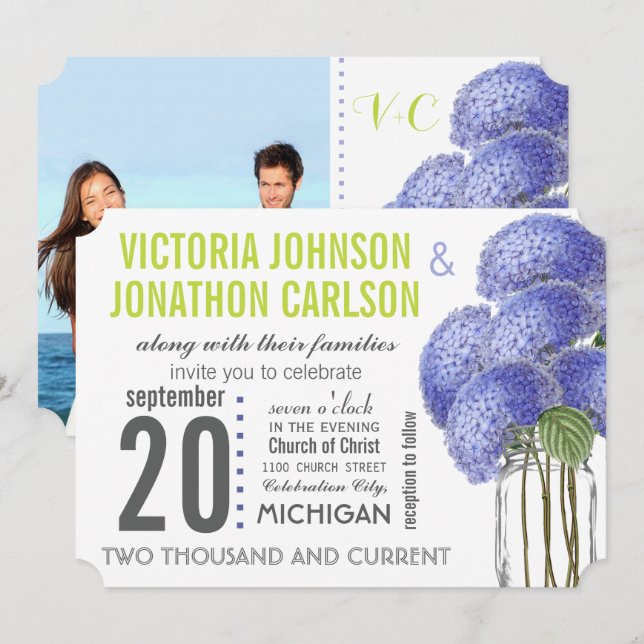 Photo Ultra Viole Lime Hydrangea Mason Jar Wedding Invitation (Front/Back)