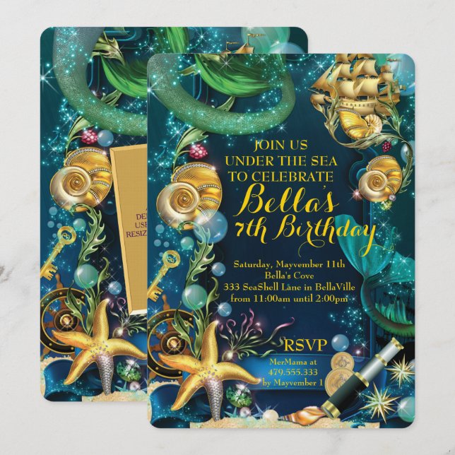 Photo Under the Sea Pirate Mermaid Party Invite (Front/Back)
