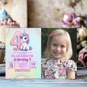 “Photo Unicorn 4th Birthday – Colorful Rainbow  Invitation