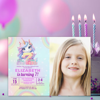 Photo Unicorn 7th Birthday – Rainbow Girl Invitation