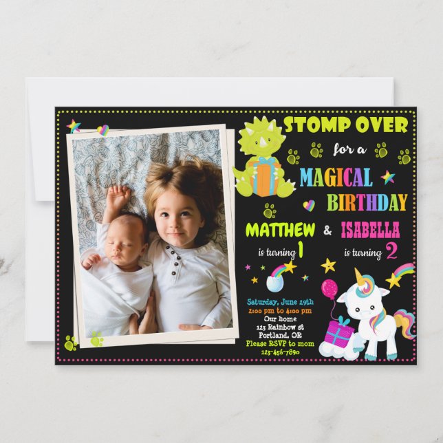 Photo Unicorn and Dinosaur birthday invitation (Front)