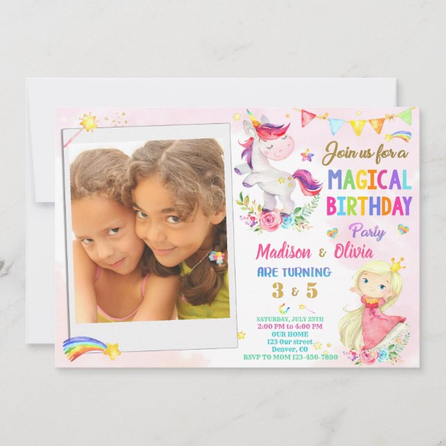 Photo Unicorn and Princess birthday invitation (Front)