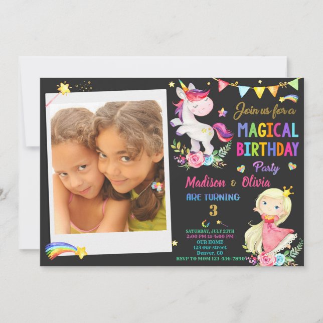 Photo Unicorn and Princess birthday invitation (Front)