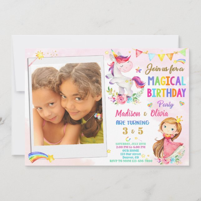 Photo Unicorn and Princess birthday invitation (Front)
