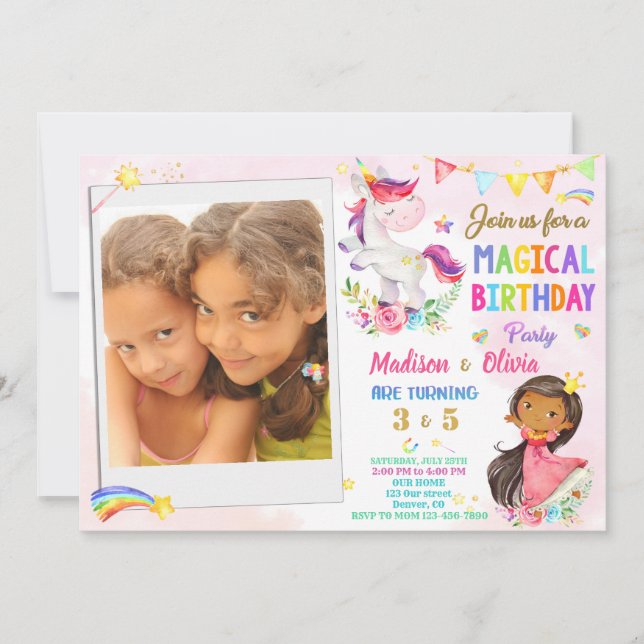 Photo Unicorn and Princess birthday invitation (Front)