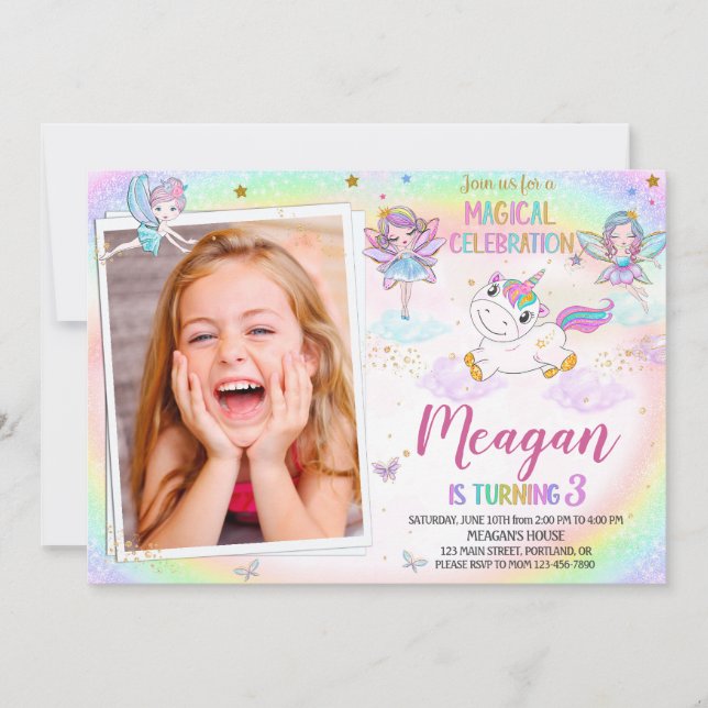 Photo Unicorn birthday invitation Fairy invitation (Front)