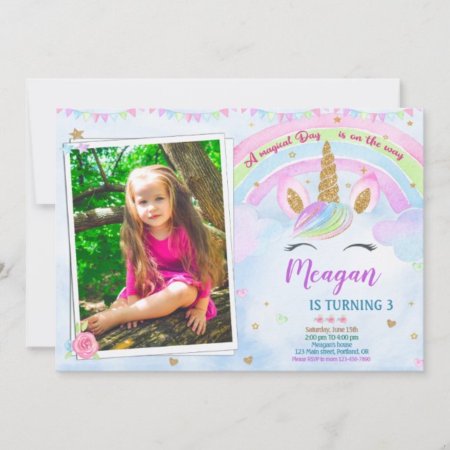 Photo Unicorn birthday invitation Magical party (Front)