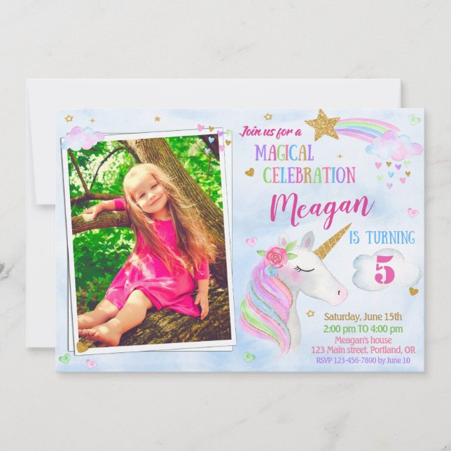 Photo Unicorn invitation anniversaire licorne magi (Devant)