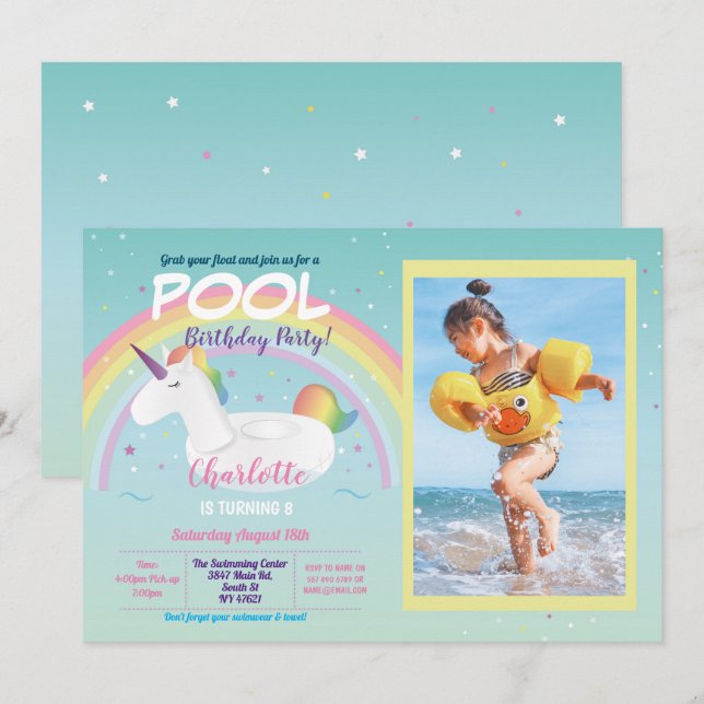 Photo Unicorn Pool Party Birthday Rainbow Float Invitation (Front/Back)
