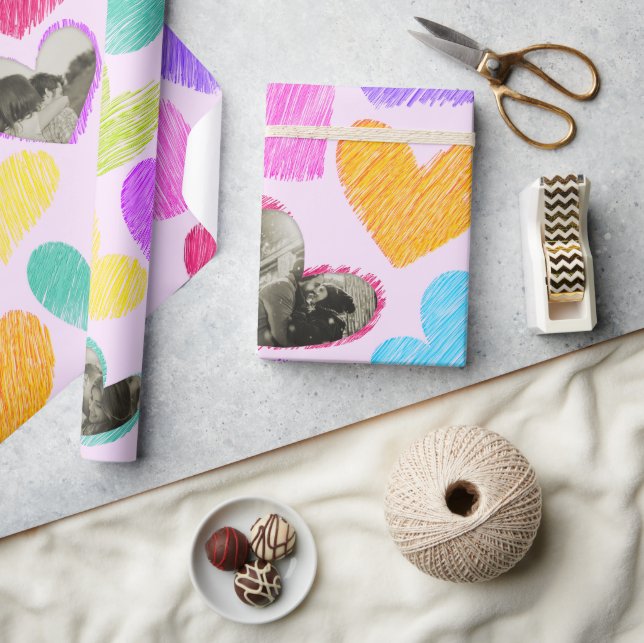 Photo Valentine's Day Rainbow Hand Drawn Hearts  Wrapping Paper