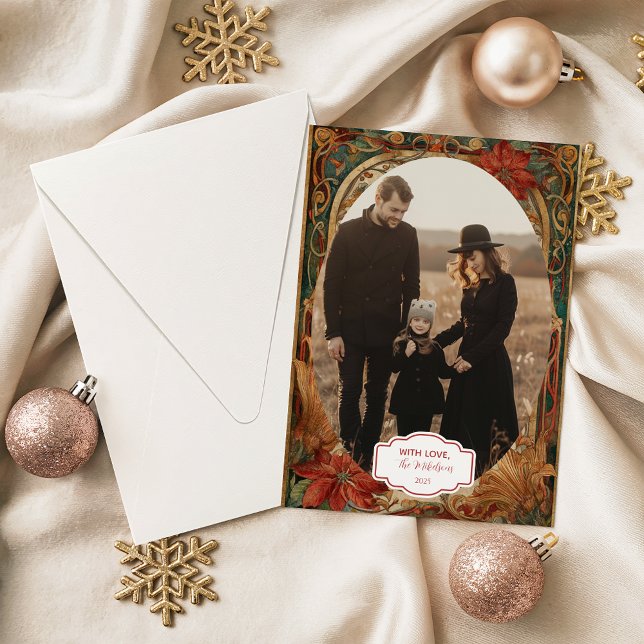 Photo Victorian Poinsettia Christmas Holiday Card (Creator Uploaded)