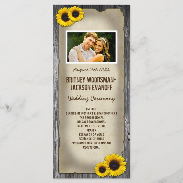 Photo Vintage Barn Wood Sunflower Wedding Programs (Front)
