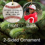 Photo Vintage Baseball Double Sided Kids Boys Ceramic Ornament<br><div class="desc">Vintage antique style baseball with weathered grunge effect image. Add your photo to the back and text to the front of this personalized baseball ball Christmas, Holiday, or Car Auto Ornament. Features black, red and white baseball on front with your name, number and school (or other personalized message. Great gift...</div>