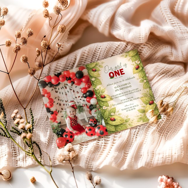 Photo Vintage Garden Lady Bug 1st Birthday Invitation (Creator Uploaded)