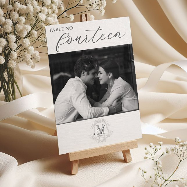 Photo Vintage Monogram Crest Wedding Table Number (Simple black and white photo script elegant modern vintage monogram crest wedding table number)