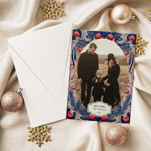 Photo Vintage Red and Blue Christmas Holiday Card