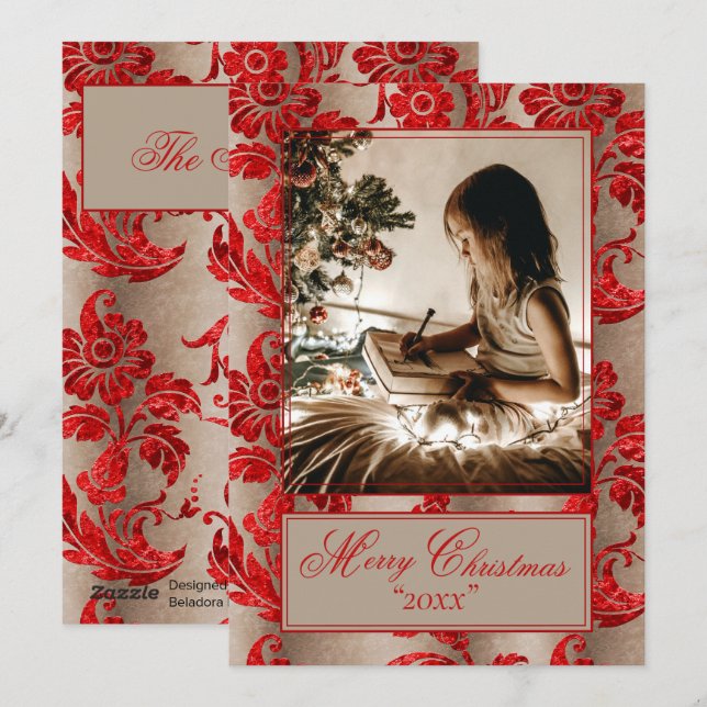 Photo Vintage Red Damask Holiday Card (Front/Back)