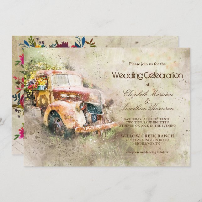 Photo Vintage Rustic Old Truck Trendy Wedding Invitation (Front/Back)