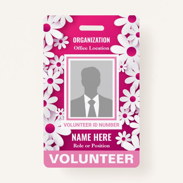 Photo Volunteer Cheerful Happy White Daisies Pink Badge (Front)