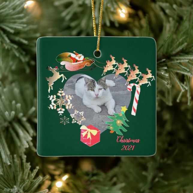 Photo w/Santa Reindeer Christmas Heart   Ceramic O Ceramic Ornament (Tree)