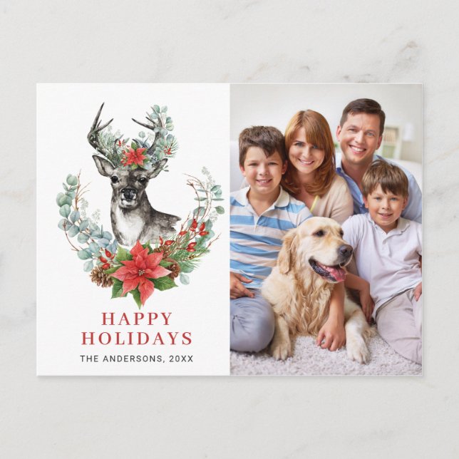 PHOTO Watercolor Christmas Deer Greeting Holiday Postcard (Front)