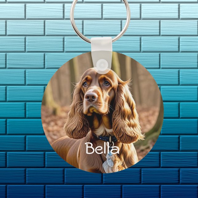 Photo & Watercolor Cocker Spaniel Personalize Keychain (Front of Design, add pets photo and name)