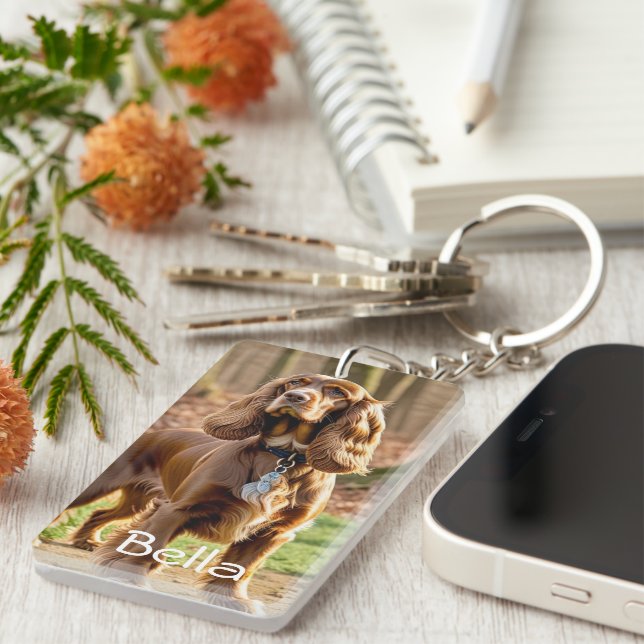 Photo & Watercolor Cocker Spaniel Personalize Keychain (Front Right)