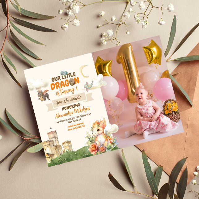 Photo Watercolor Dragon Baby 1st Birthday Invitation (Creator Uploaded)