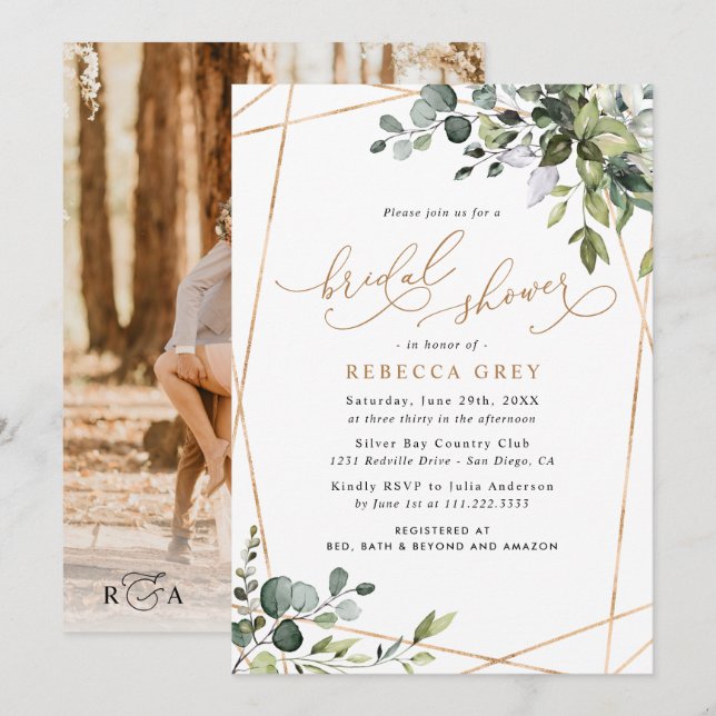 Photo Watercolor Greenery Gold Bridal Shower Invitation (Front/Back)