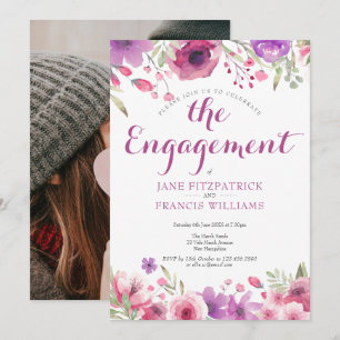 Photo Watercolor Rose Floral Engagement Party Invitation