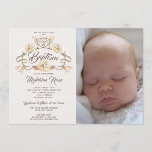 Photo Watercolor Rustic Floral Baptism Invitation