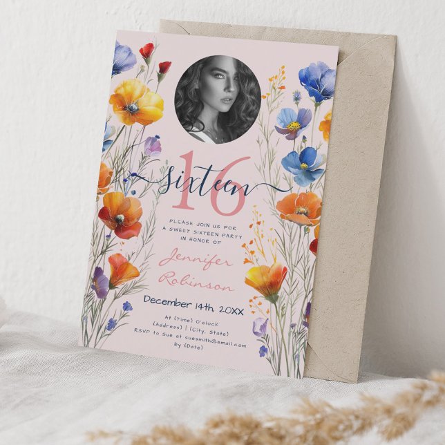 PHOTO Watercolor Wildflowers Sweet 16 Blush Pink Invitation (PHOTO Watercolor Wildflowers Sweet 16 Blush Pink Invitation)