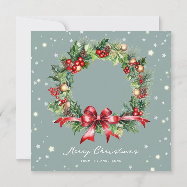Photo Watercolor Wreath Merry Christmas Card (Front)