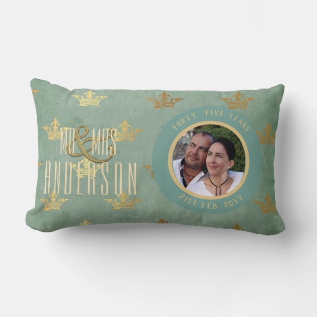 PHOTO Wedding Anniversary ANY Aqua Teal Gold Crown Lumbar Pillow (Front)